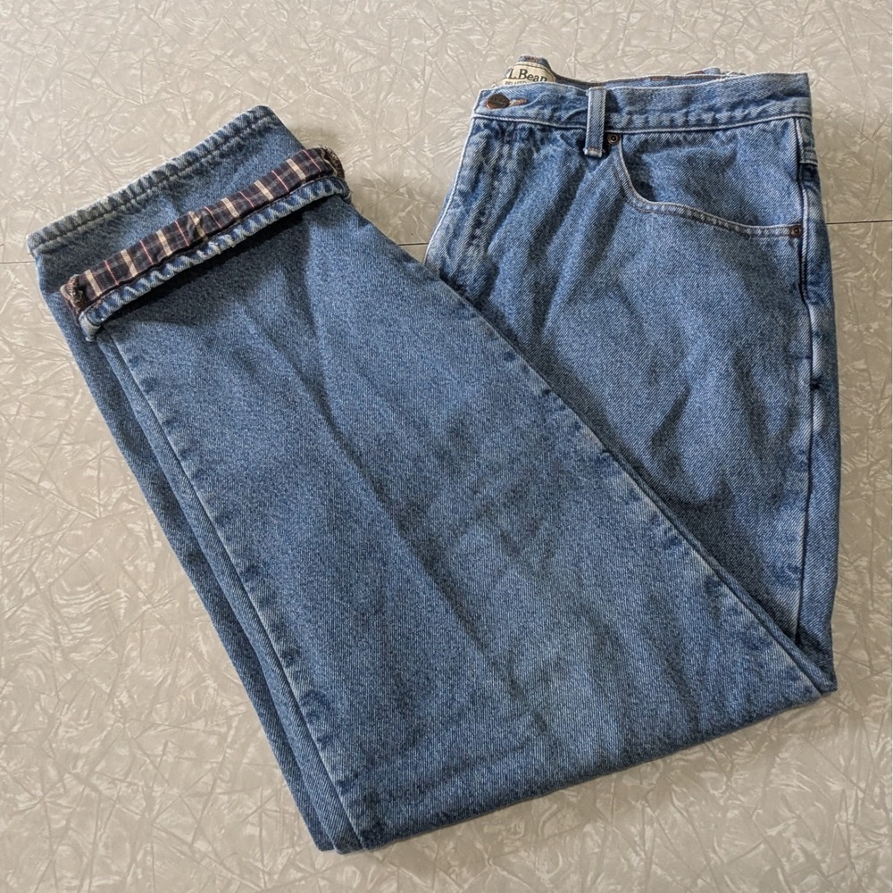 LL Bean Mens 38x32 Flannel Lined Relaxed Fit Jeans Blue Plaid Denim